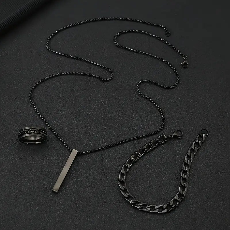 Minimalist Erkek Takı Seti (Kolye, Bileklik, Yüzük)
