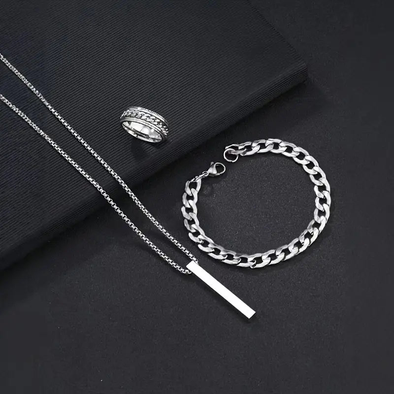 Minimalist Erkek Takı Seti (Kolye, Bileklik, Yüzük)